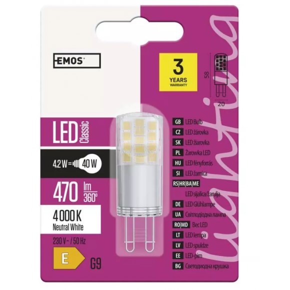 Emos ZQ9543 LED žárovka Classic 1x4,2W | G9 | 470lm | 4000K